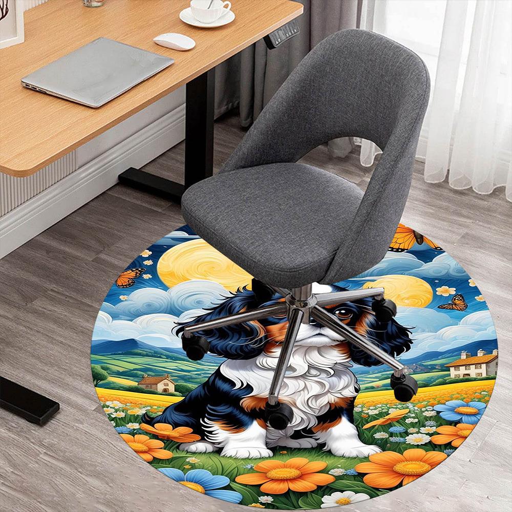 1PC King Charles Spaniel Round Chair Mat Area Rug - Non-Slip, Floor Mat for Office, Bedroom, Home Decor Christmas Gift C0528055