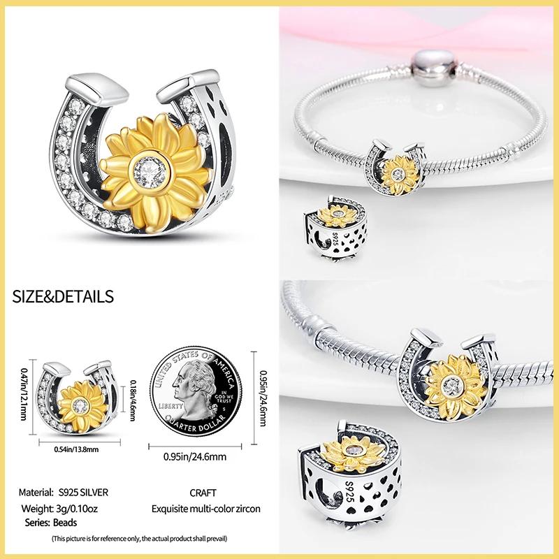 New 925 Silver Fashion Golden Sunflowers Heart Charms Beads Fit 925 Bracelets Luxury Party DIY Jewelry
