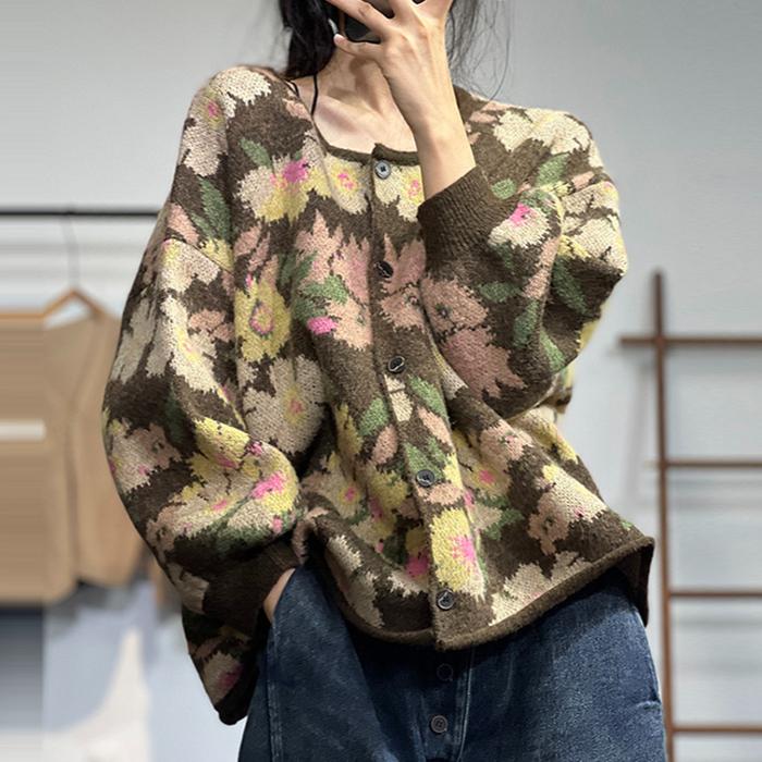 

DIMANAF 2024 Женские свитера Цветочный кардиган Осенний принт О-образный вырез свитера Вязаный свободный свитер Зеленый One size бежевый