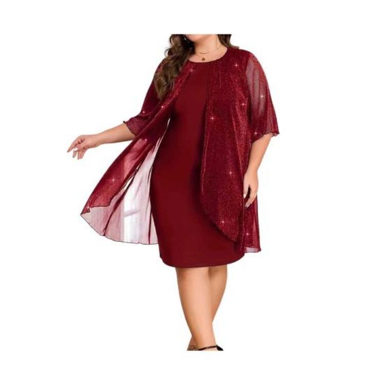 Glitter Shawl Design Plus Size Women Dress Round Neck Half Sleeve Slimming Loose Hem Casual Office Party Wear