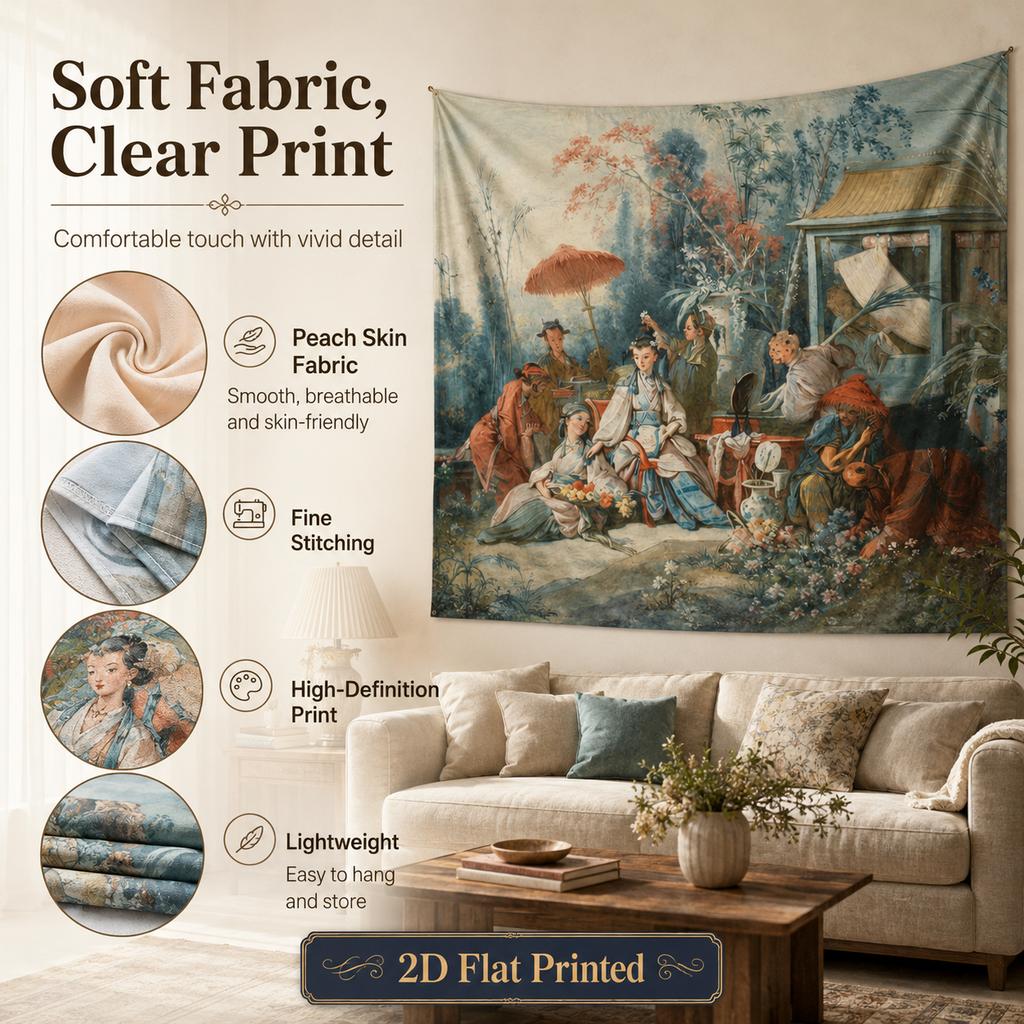 Arazzo da Parete Chinoiserie Vintage Stampa Piatta 2D Pelle di Pesca Appeso a Parete Paesaggio Classico Francese per Decorazione Soggiorno Camera da Letto