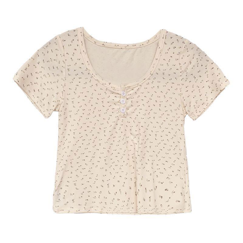 Summer new u-neck floral short-sleeved front-shoulder short top for women, slim and thin, small and fresh t-shirt for women