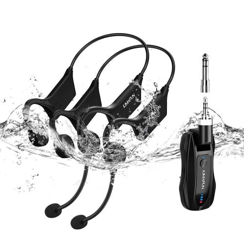 KIMAFUN 2.4G Wireless Fitness Headset Microphone, IP67 Waterproof & Dustproof, Compatible with Two People Simultaneously, Plug & Play, Instant Connect