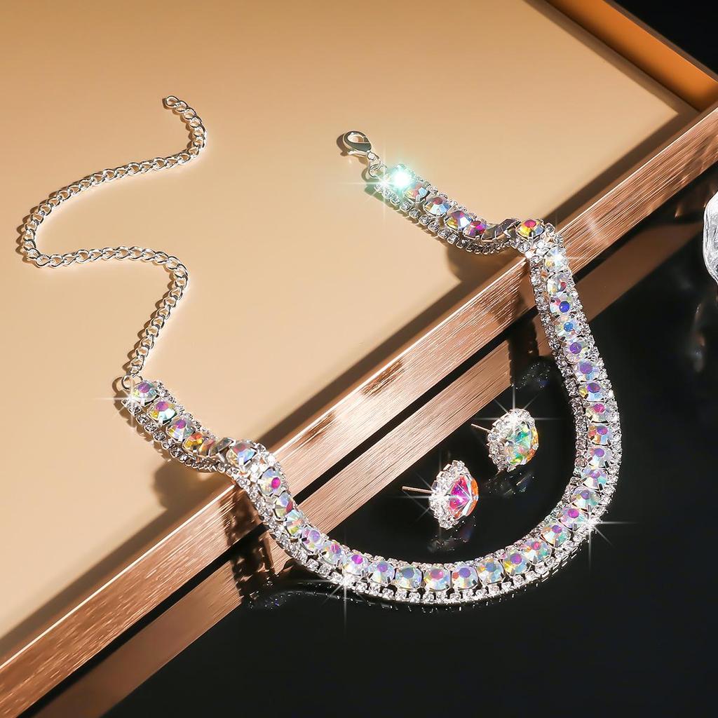 European & American Green Blue Choker Necklace & Stud Earrings Set for Women - Ideal for Weddings & Evening Dresses
