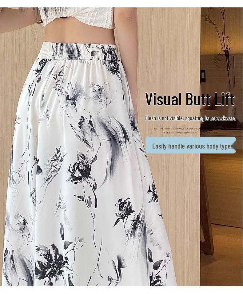 Women's High Waist Ink Print Ice Silk Wide-Leg Capri Pants - Summer 2025 Collection