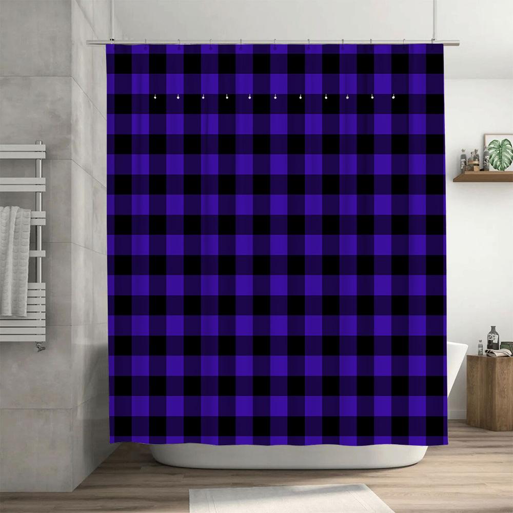 Modern Plaid Shower Curtain Waterproof Home Decor Purple Black Checkered Bath Rug Design Easy Install Shower Drapes for Bathroom