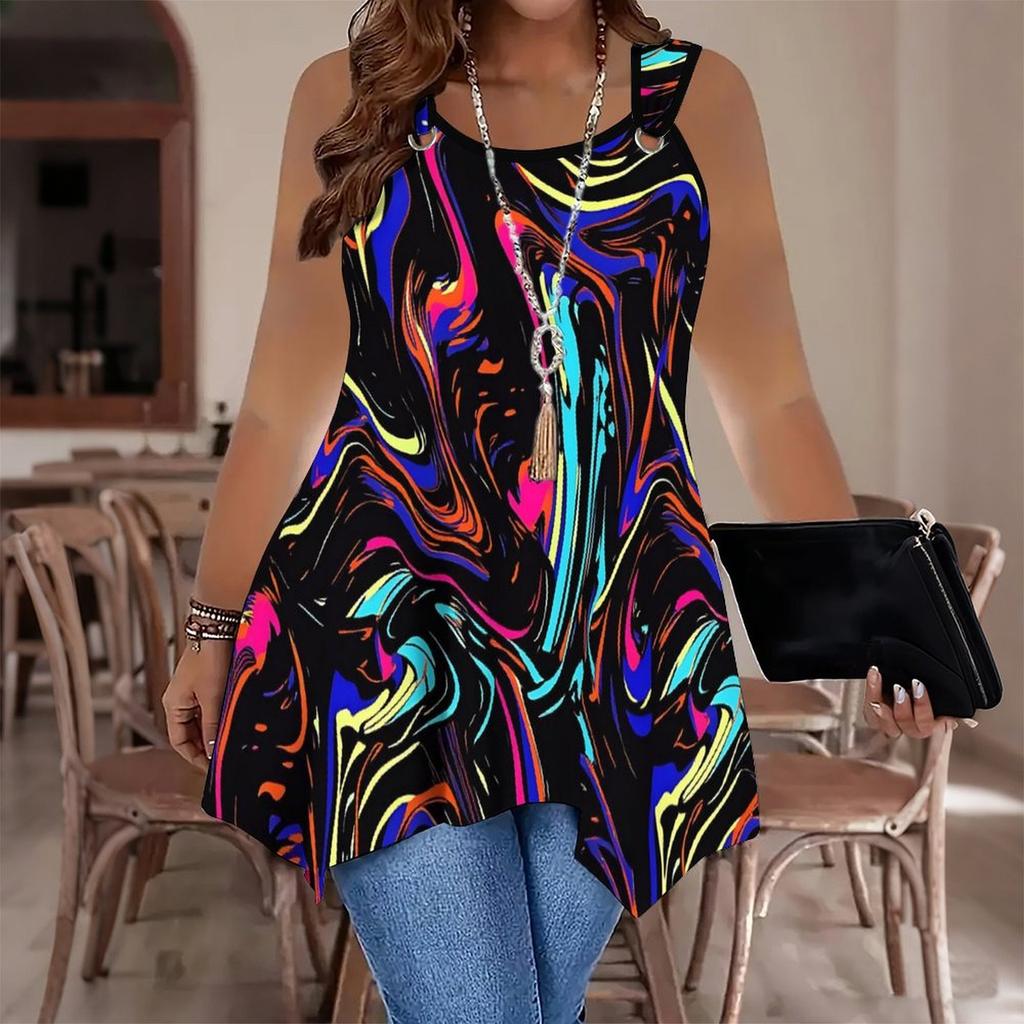 Women's Fashionable Casual Sports Double-ring Vest, Marble and Lines Veining Printed Patterns, Irregular Hem, Elegant and Simple