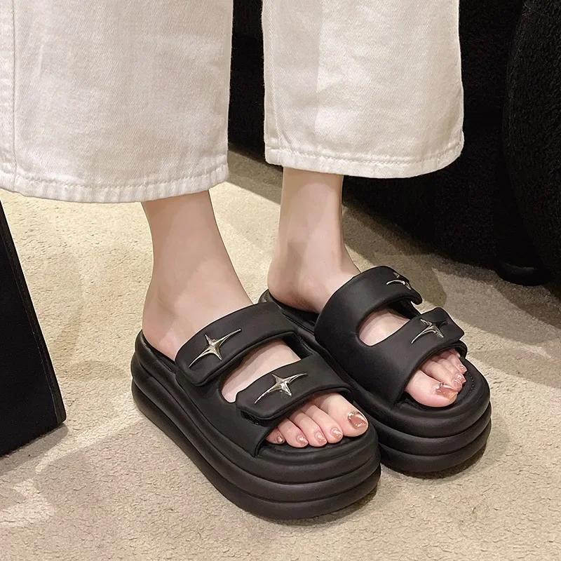 7cm Heels Chunky Platform Slippers For Women Open Toe Leather Wedges Sandals Woman Summer Thick Bottom Female Beach Flip Flops