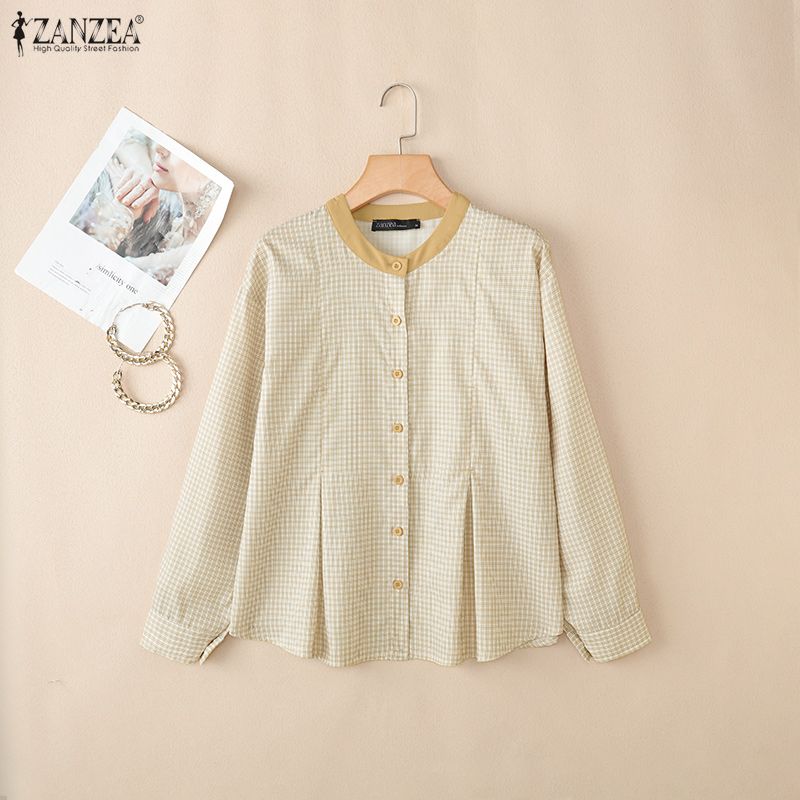 ZANZEA Women Grid Print Casual Round Neck Long Sleeve Blouse
