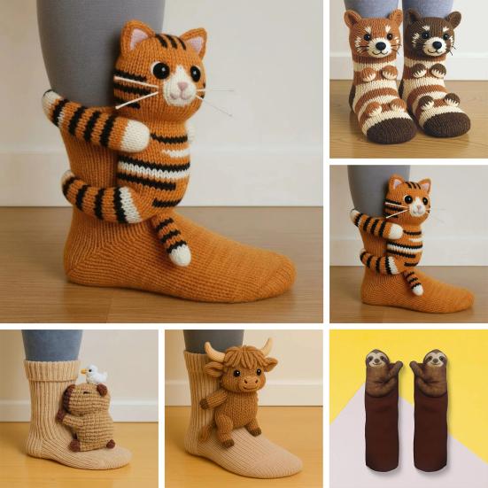 3D Animal Knitted Socks Handmade Sloth Highland Cow Doll Crew Socks Cute Warm Thick Floor Socks Gift for Birthday Festival