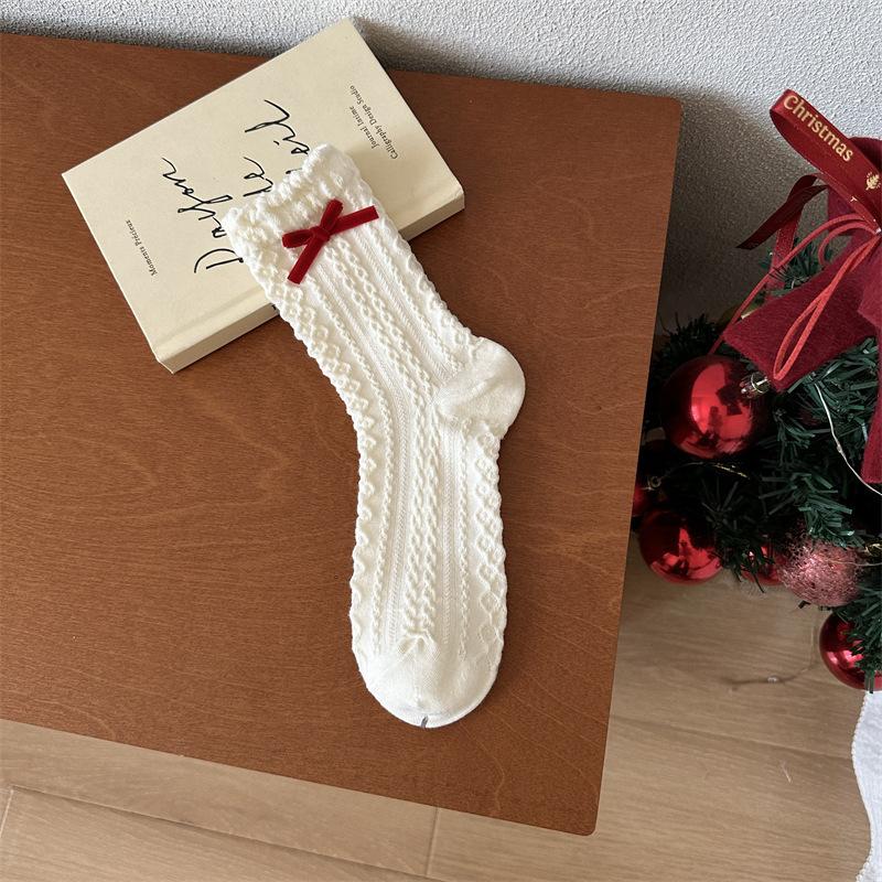 Sign On The Birth Year Big Red New Year'S Socks Female Mori Bow Small Flower Love Women'S Cotton Socks Medium Tube Socks