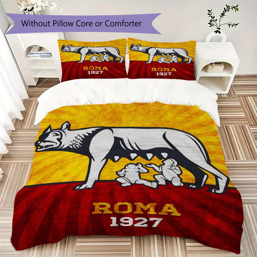 Set lenjerie de pat cu model A.S. Roma Cearșaf pilotă Huse pernă Decorațiune casă Cadou de ziua de naștere (1 * husă de pilotă + 2 * fețe de pernă fără miez)01