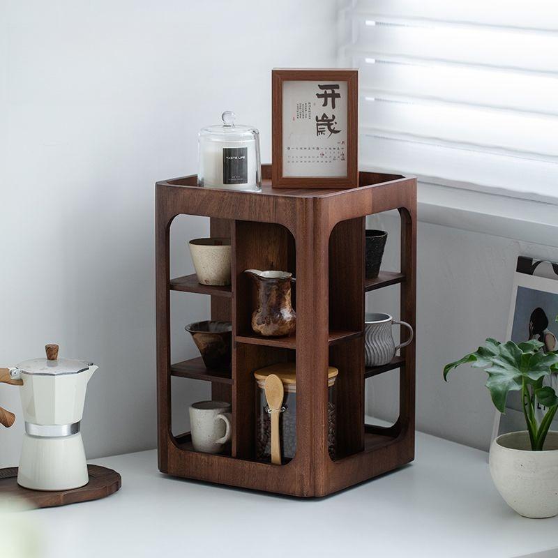 BEPAN Rotatable 4-Tier Walnut Wood Storage Rack Desktop Organizer for Cups Coffee Accessories Solid Wood Stand Home Storage