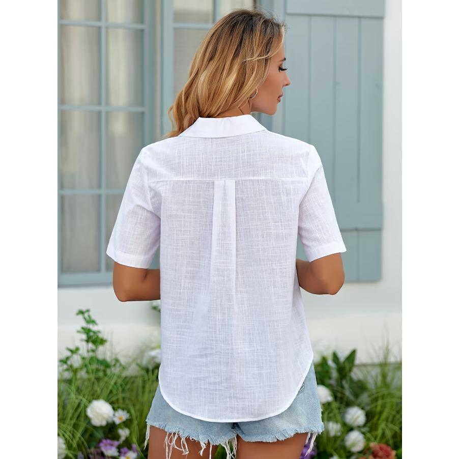 Fashion Bamboo Style Cotton Shirt Women's Short Sleeved Shirts Casual Lapel Neck Top Soft and Comfortable Blouse