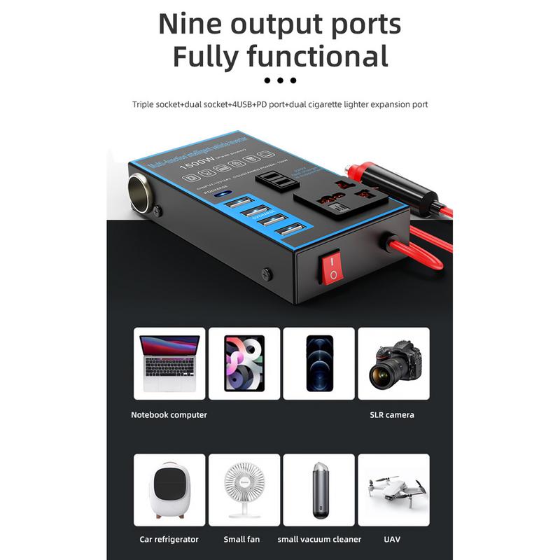 Falownik DC do AC 1500 W Falowniki do pojazdów Port ładowania USB Pojazdy Falowniki do podróży samochodem Kemping Telefony Tablety PC