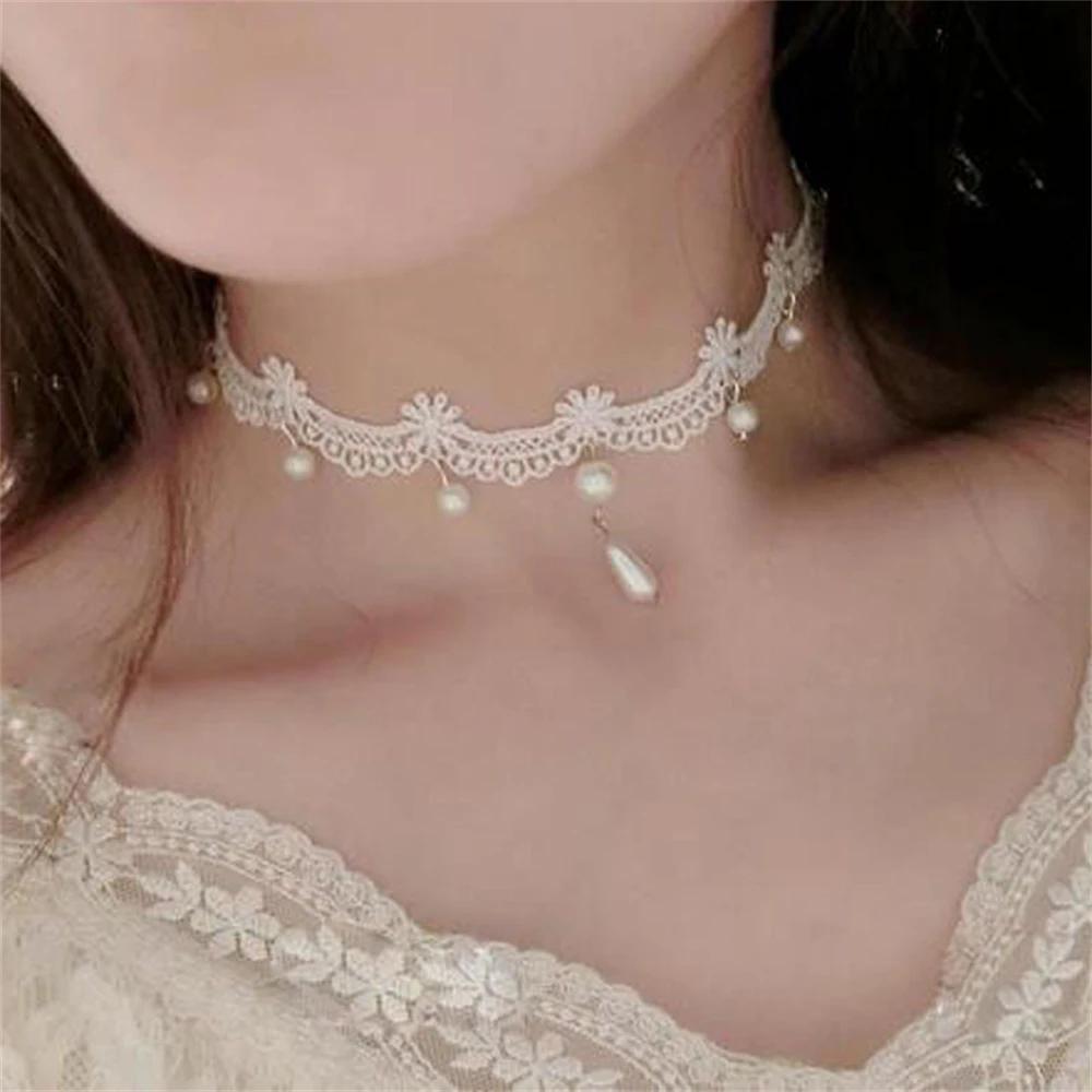 1PC White Lace Pearl Collar Necklace for Women Girl Elegant Sweet Lace Choker Necklace Kpop Neck Jewelry Accessories Gift