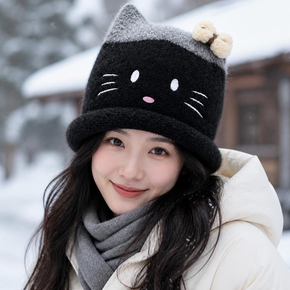Sweet and cute cat knitted hat versatile face hat women's warm and cold wool hat ear hat