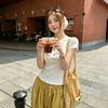 Fashion Versatile Pure Desire Sweet and Spicy Lamb Printed Love Short Sleeve Lace T-Shirt Women's Summer New Waist Top Trend