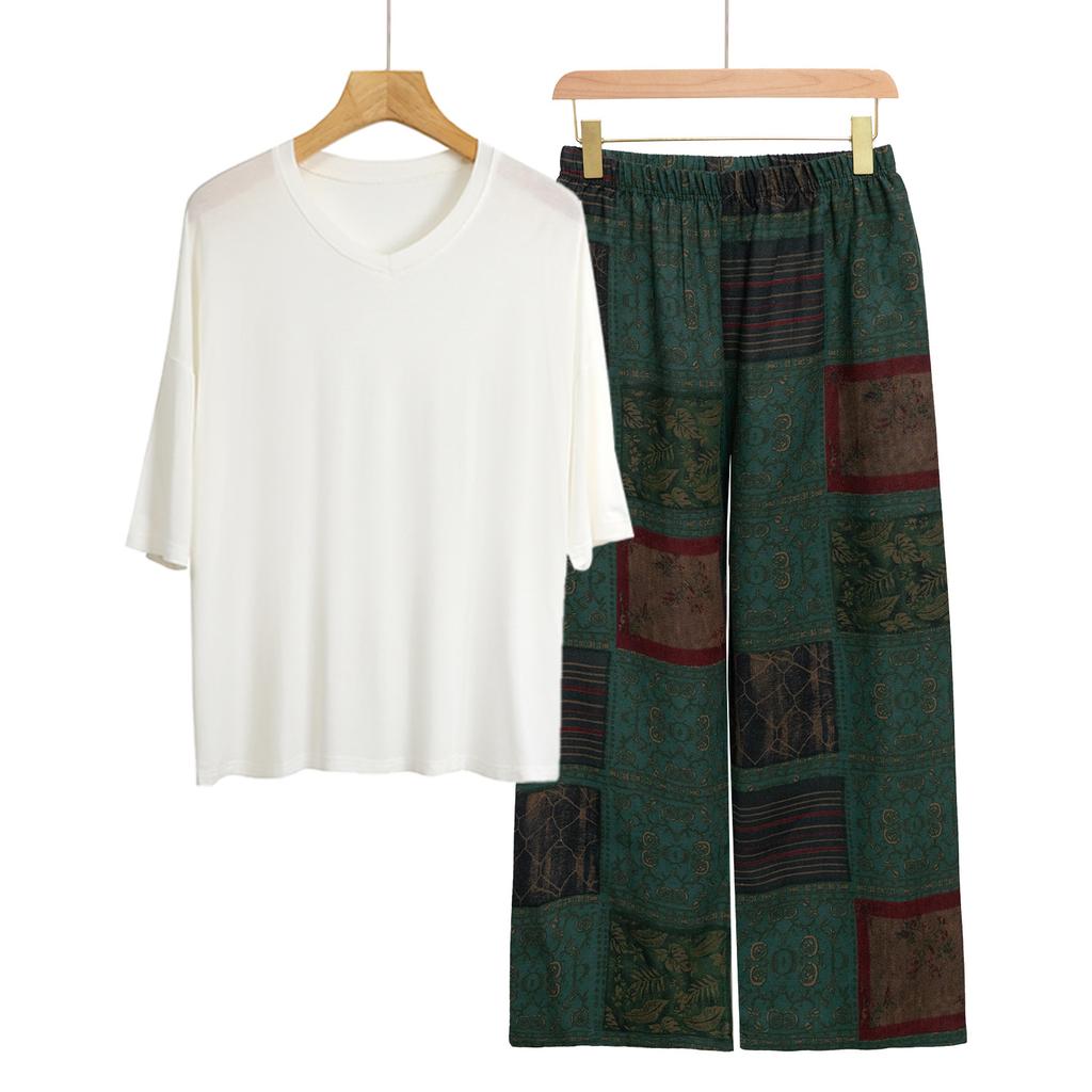 Pajamas Women's Spring and Summer New V-neck Short-sleeved Cotton and Linen Pants European and American Large-size Loungewear Two-piece Set