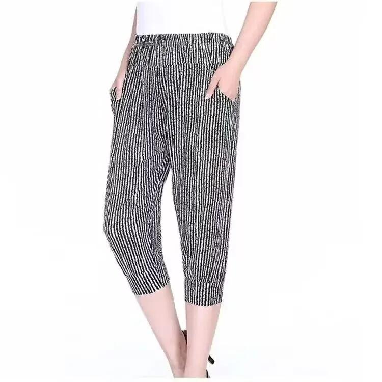 WTEMPO Mother's Loose Cropped Pants Mid-length Elastic High Waist Thin Printed Women's Spring Summer Ice Silk Wide Leg Pants