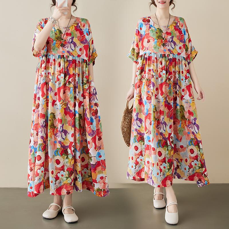 Dimanaf 2024 Plus Size Summer New Long Dress Beach Women O-Neck Floral Print Holiday Fashion Casual Loose Lady Dresses 669