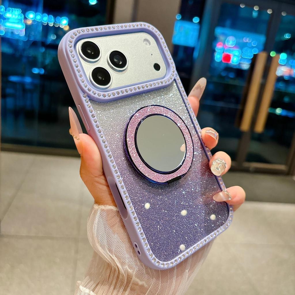 Gradient Glitter For Magsafe Magnetic Mirror Stand Holder Case For iPhone 11 12 13 14 15 16 17 Pro Max Bling Diamond Shockproof Cover