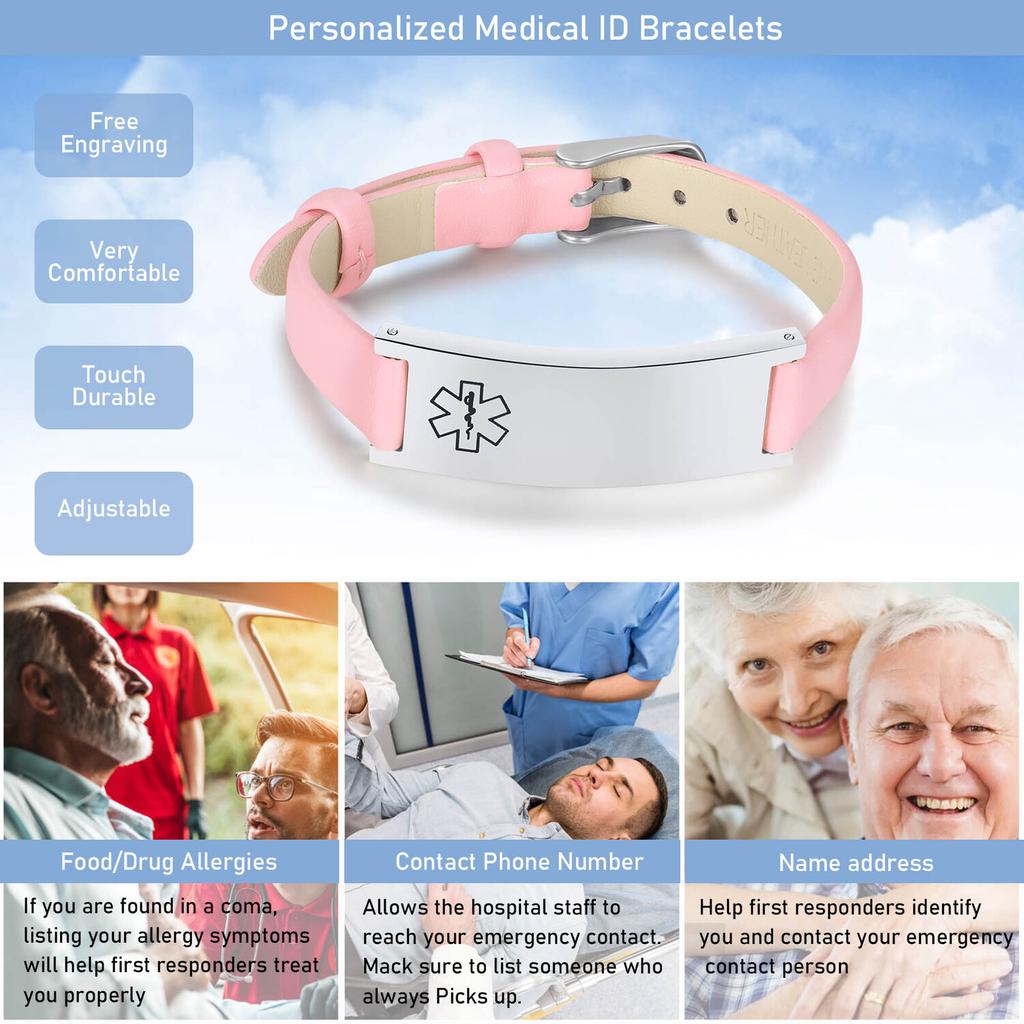 Braccialetto ID di Allerta Medica di Emergenza per Donne, Braccialetti in Vera Pelle con Incisione Gratuita, Gioielli Sportivi Personalizzabili per Diabetici