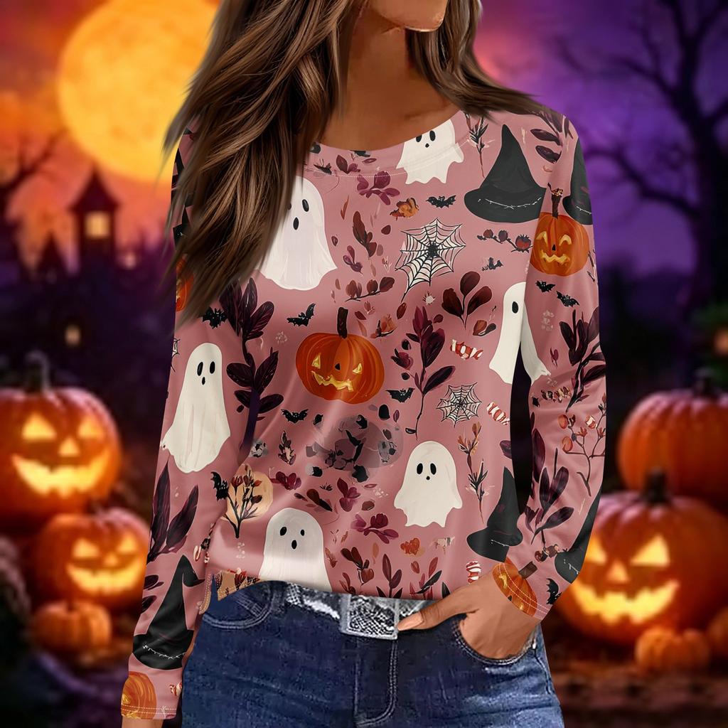 Women Fashion Long Sleeve Crew Neck Top Halloween Print Split Hem Casual Blouse Lightweight Comfortable Fit