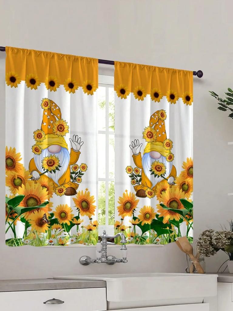 2 Pcs Window curtain,Modern Fresh Checkered Sunflower Printed Home Decoration Kitchen Bedroom Window Curtains With Rod Pocket