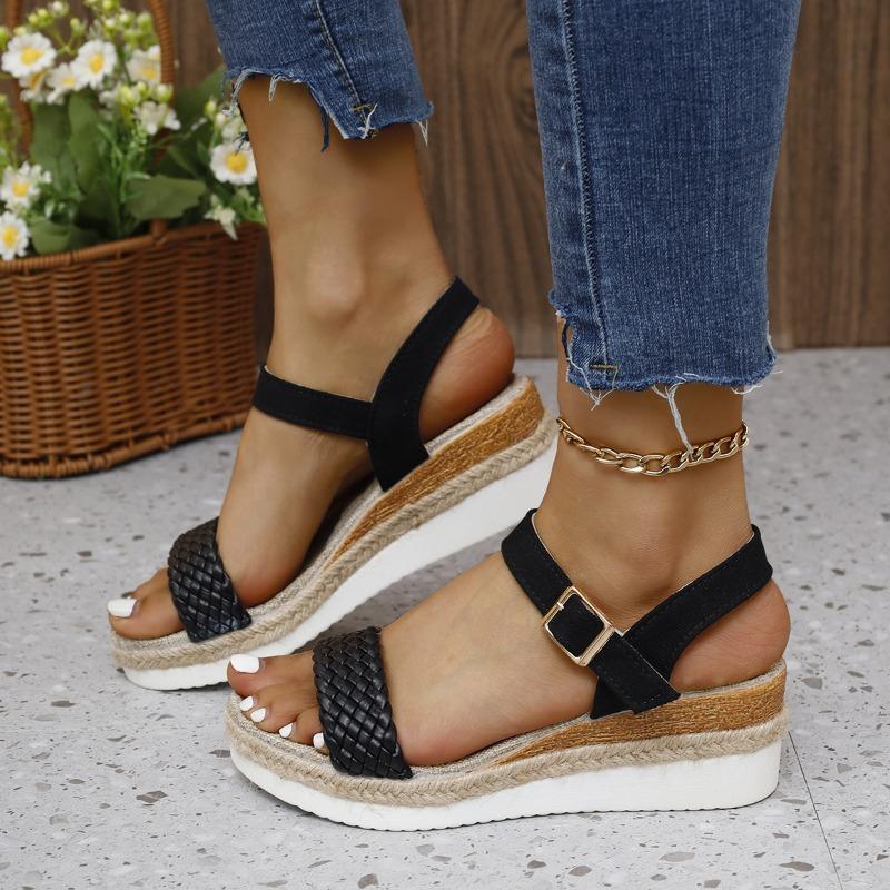 Wedge heel waterproof table woven hemp rope sandals women's new large size 43 with buckle women's sandals