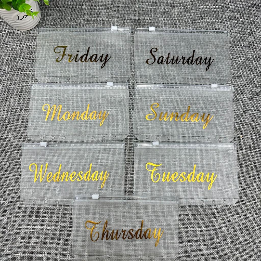WTEMPO 7PCS A6 PVC Zipper Clear Envelope Bags Reusable Gift Bags Storage Pouches File Holders for Office Home Store Use Monday To Sunday Printed