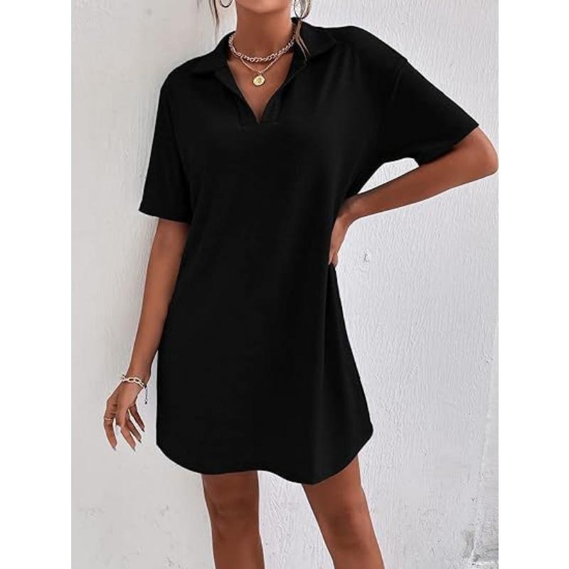 YYFS Women's Fashion Summer Spring Solid Color Print Short Sleeve POLO Neck Loose Waistline Casual Dresses