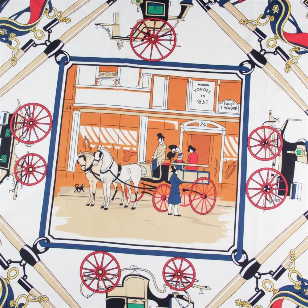 Silk Scarf Women Horse Carriage Print Square Scarves Head Echarpes Silk Foulards Wraps Beach Shawl Bandana Lady Hijabs 90CM