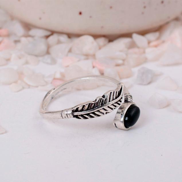 Adjustable Black Onyx Feather Ring | Silver Plated Boho Wrap Jewelry | Protection Stone Gift for Her
