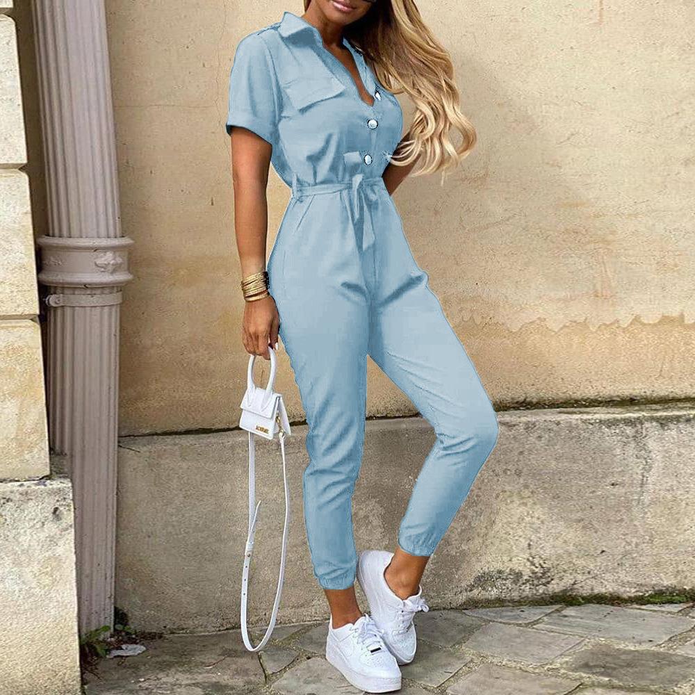 Summer Women's Trousers Casual Lapel Button Print Belt Cargo Jumpsuit
