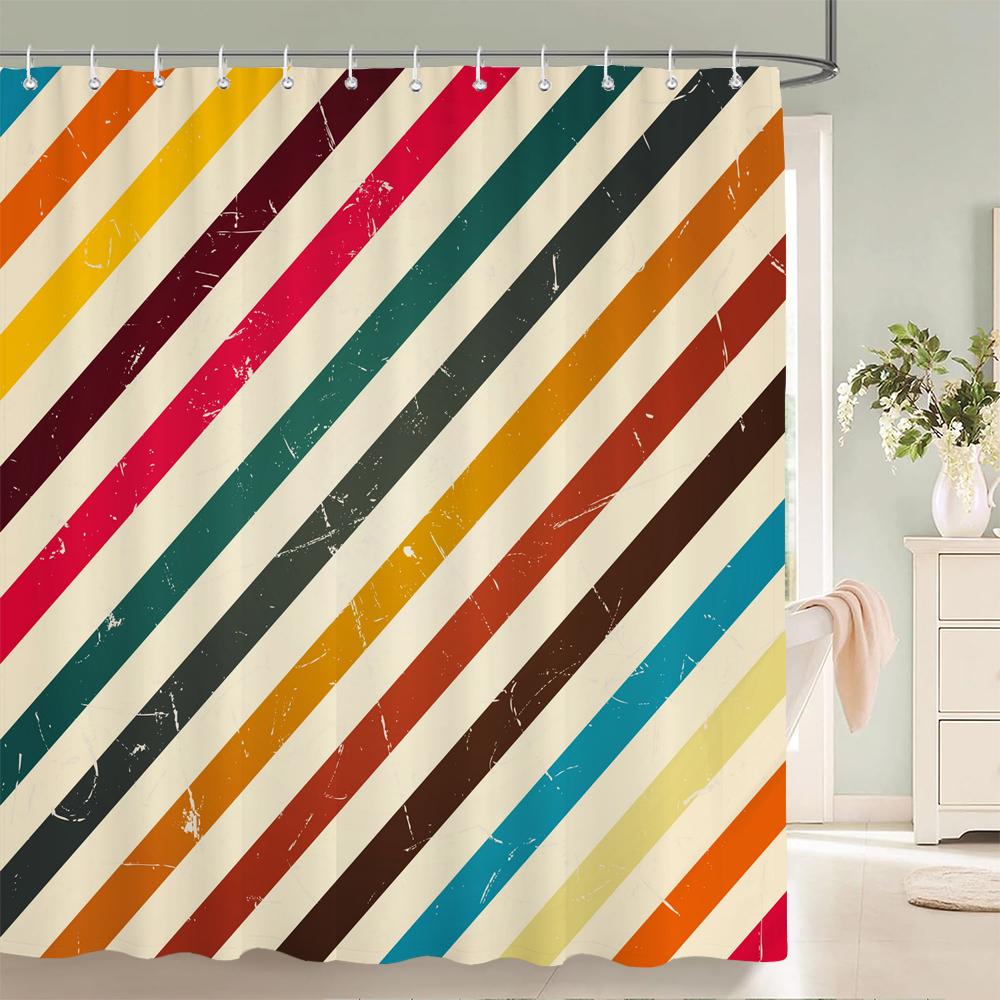 Geometric Stripe Printed Shower Curtain Color Art Polyester Fabric Shower Curtain Home Bathroom Decoration Curtain with Hooks