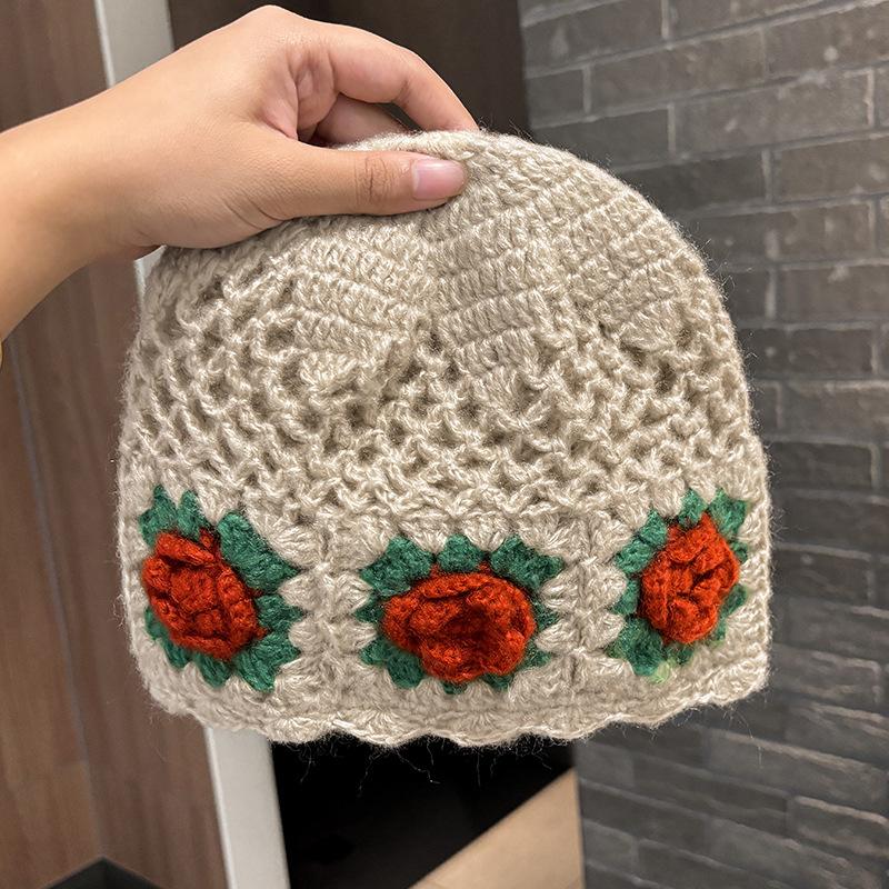 Versatile Handmade Crochet Hat Women's Spring and Autumn New Knitted Wool Hat Big Head Circumference Hollow Bag Head Hat