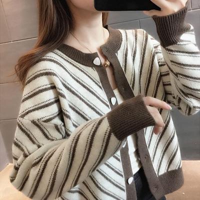 New Round Neck Twill Knit Cardigan Popular for Women 2023 Casual Loose Long Sleeve Short Vintage Sweater Cardigan Female Tops