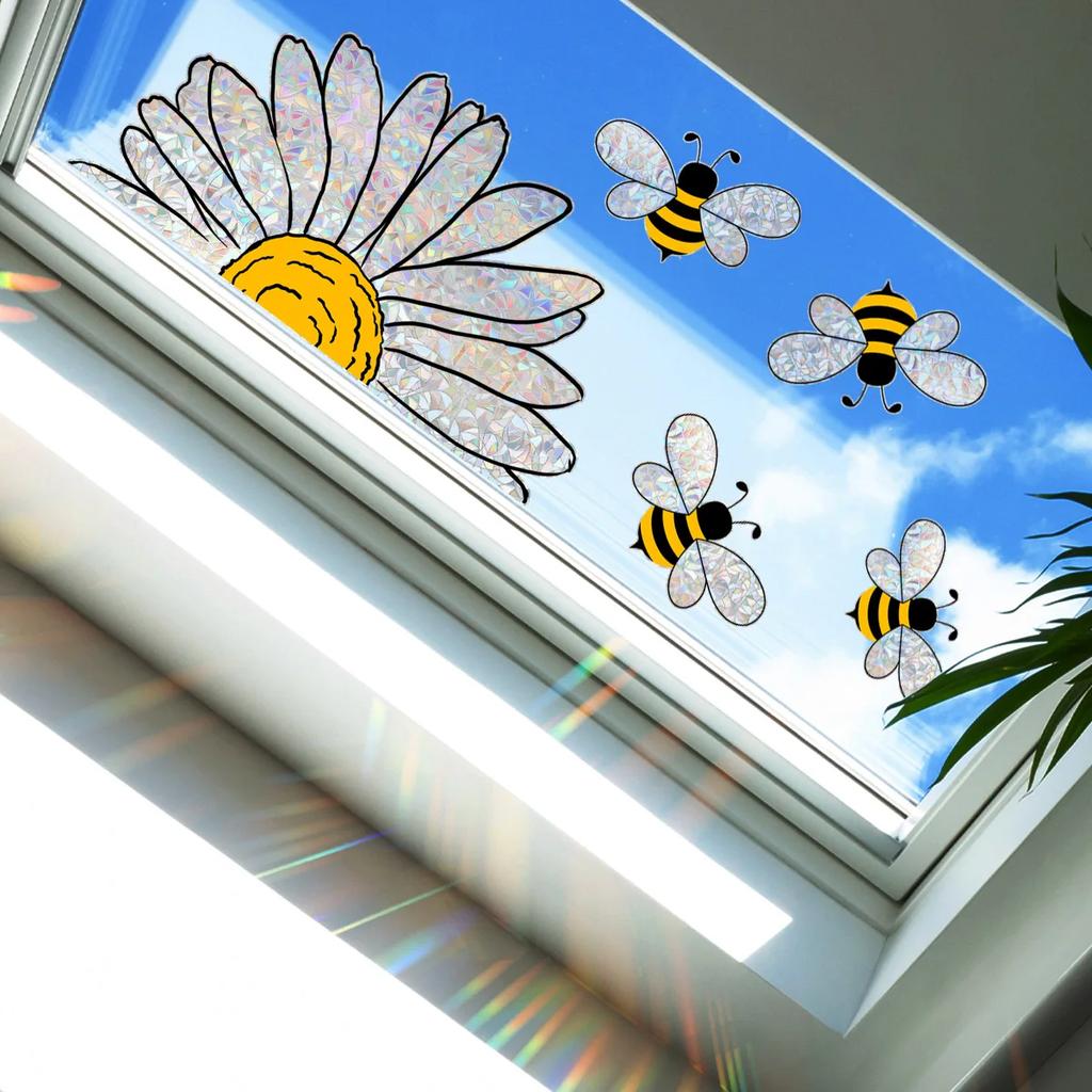 1pc Colorful Sunflower Bees Window Stickers Set Vinyl Wall Decals Static Glass Decor Stickers for Nursery Home Office Decoration