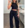 1116 Summer European and American Women's Clothing Set Solid Color Water Wave Crew Neck Vest Top Wide Leg Pants Two-piece Set