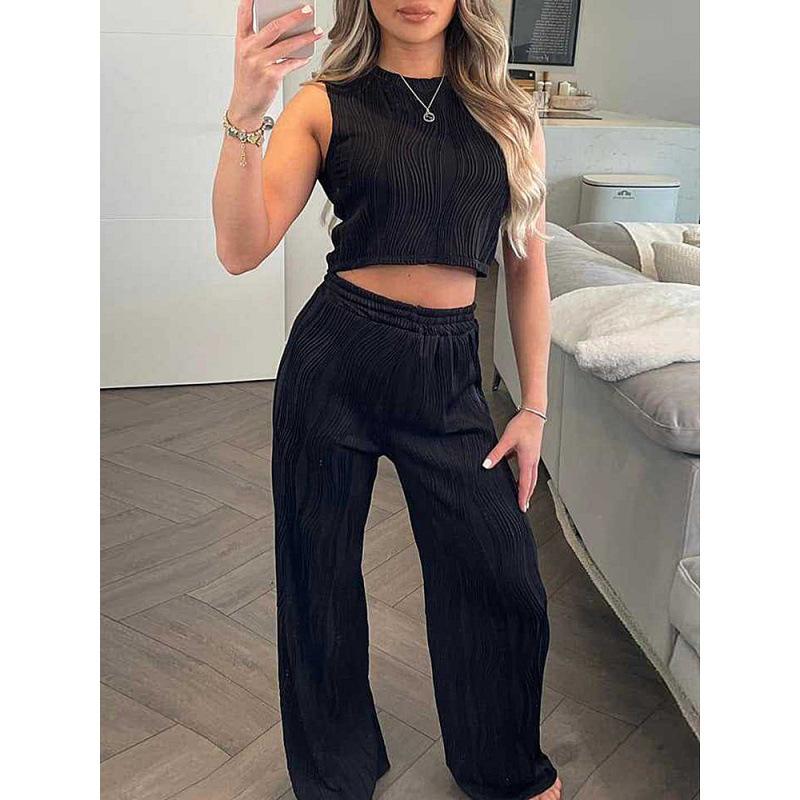 1116 Summer European and American Women's Clothing Set Solid Color Water Wave Crew Neck Vest Top Wide Leg Pants Two-piece Set