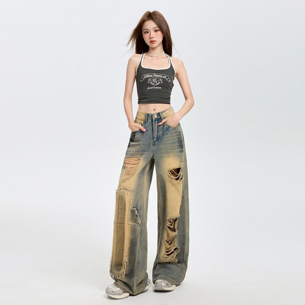 Women's High Waist Wide Leg Jeans Loose Fit Vintage Distressed Straight Pants for Summer Streetwear