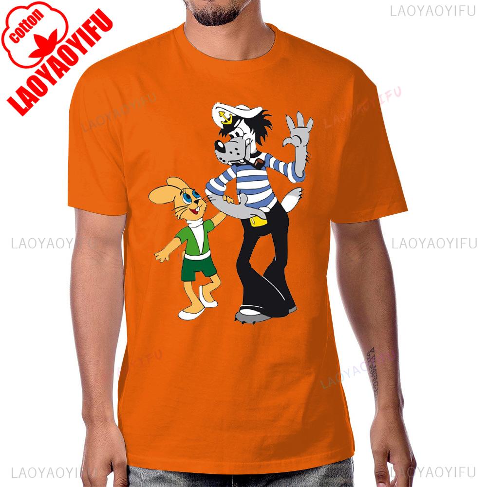 Wolf and Rabbit Nu Pogodi Cartoon Graphic Animation Tshirt Casual Fashion Loose Short Sleeve Cotton Tshirt Summer Man T Shirt