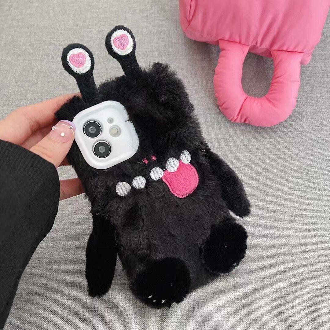 

Ins Black Little Monster for Apple 16 Mobile Phone Case Plush for IPhone15promax Soft 14 Female 13 Funny X For iPhone 17PROMAX
