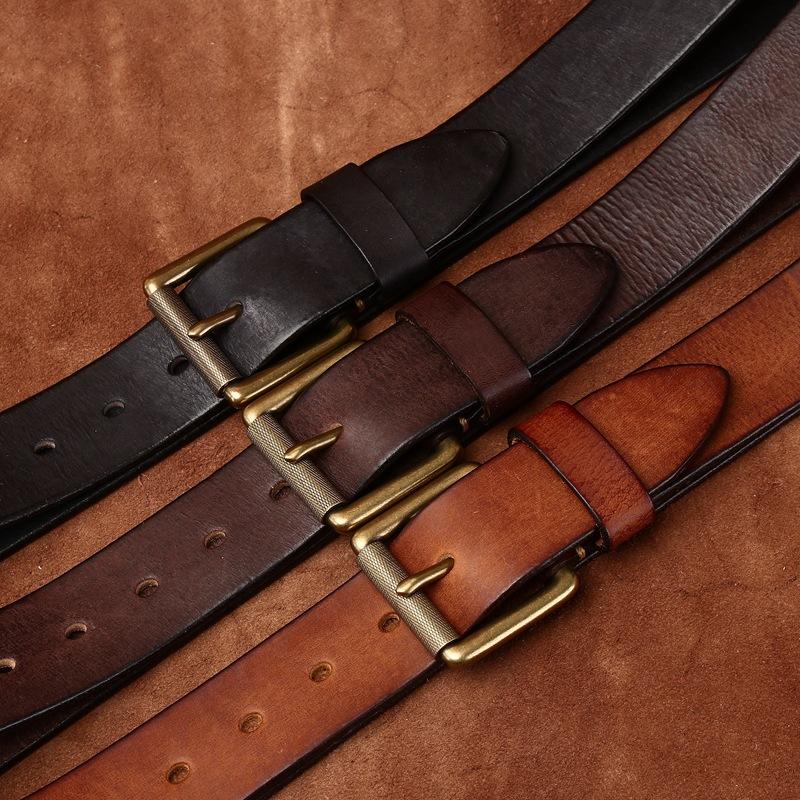 3.8Cm Wide Leather First Layer Cowhide Belt Men'S Washed Retro Matte Pin Buckle Jeans Copper Buckle Belt Men'S