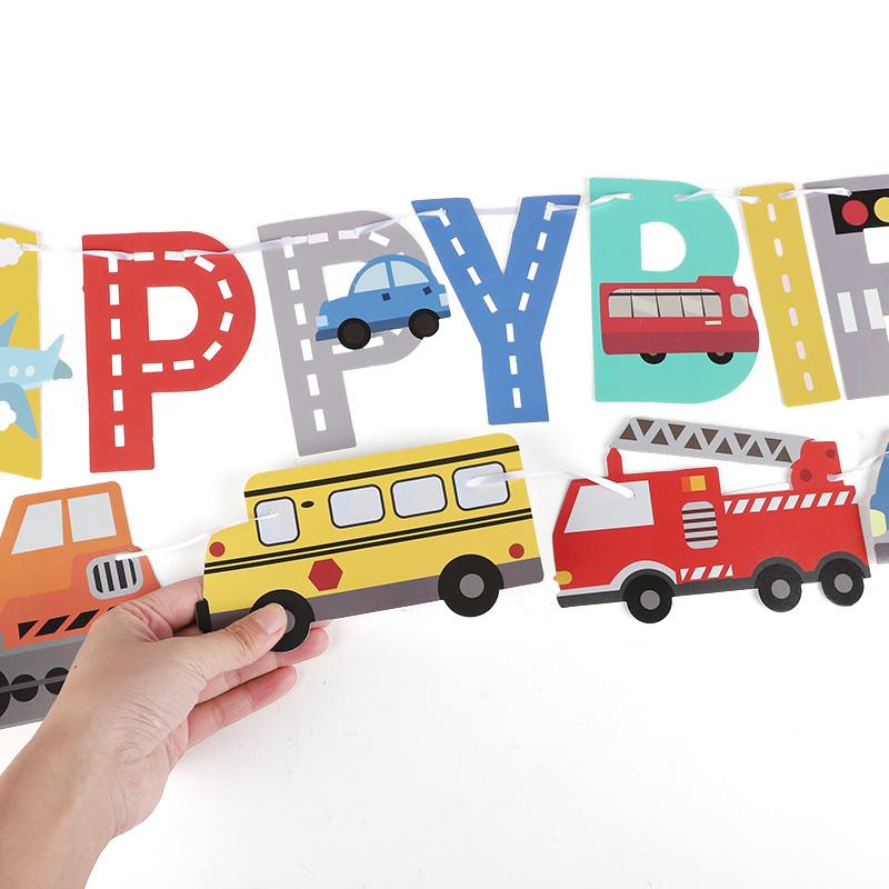 Cartoon Car Happy Birthday Banner Construction Vehicle Garland Kids Boy Birthday Party Decoration Favors Baby Shower Supplies