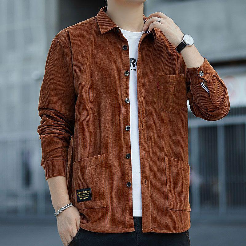 Men's Fleece-Lined Corduroy Shirt Jacket with Pockets - Long Sleeve, Thick, Loose Fit for Autumn/Winter.