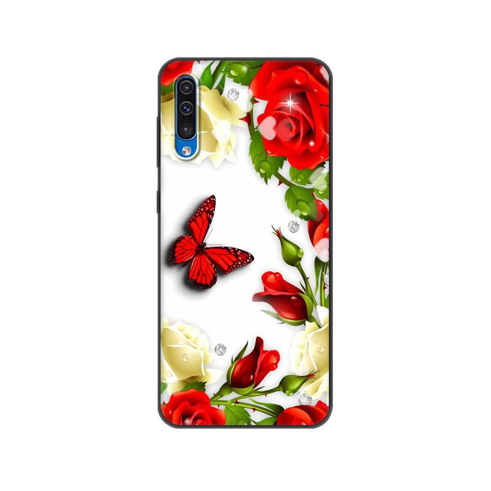 Černé TPU pouzdro pro Samsung Galaxy A50 50S A30S A10 A01 A11 A21S A31 A41 A51 A71 M21 M30S S10 LITE Červený motýl na květu růže