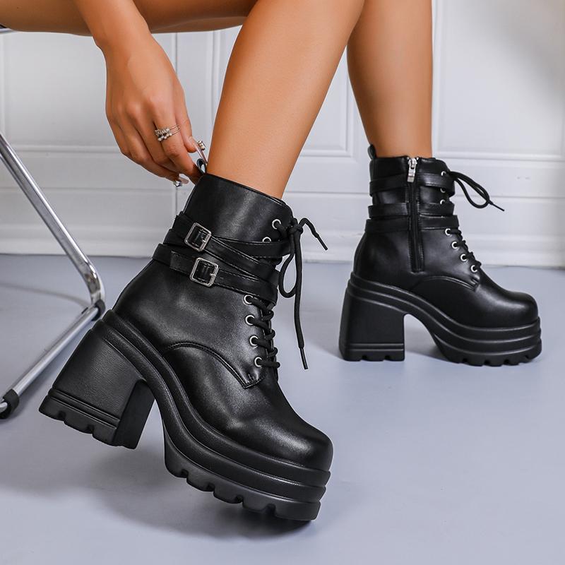 Fashion Fashion Buckle Cunky Platform Ankle Boots Women Lace Up Super High Heel Punk Boots Woman Pu Leather Thick Heels Motorcycle Botas