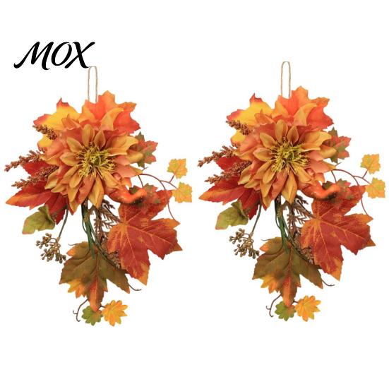 Thanksgiving Door Decor Artificial Maple Leaf Decoration, Autumn Decoration with Leaves Faux Dahlia, Exquisite Floral Rustic Hanging Ornament